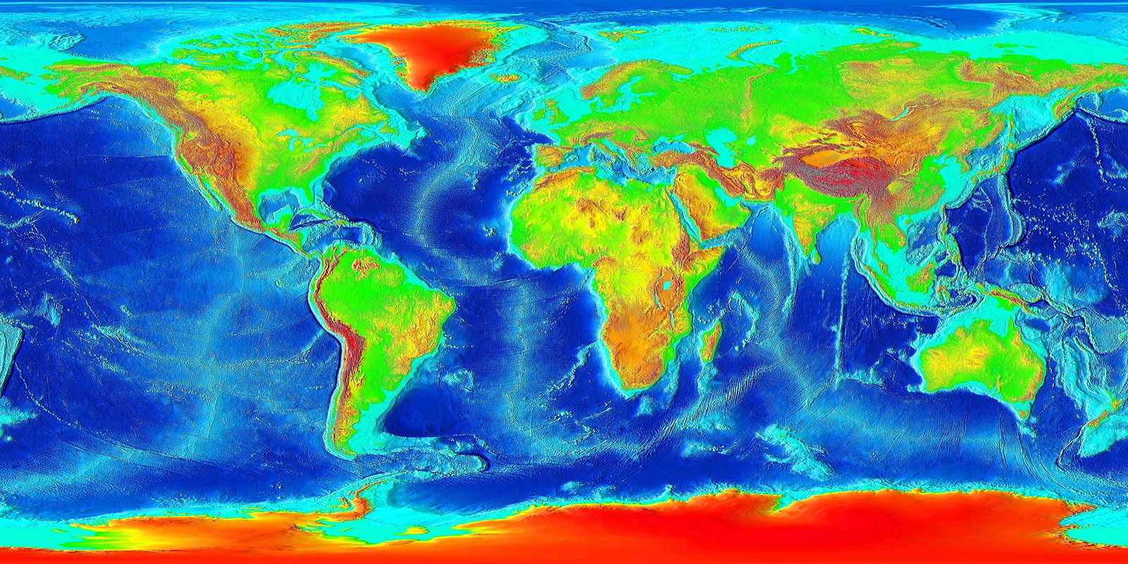 World map color-coded by elevation. The ocean basins are dark blue except for the mid-ocean ridges and ocean margins which are light blue. The continents are green at low elevations and red to brown at higher elevations.