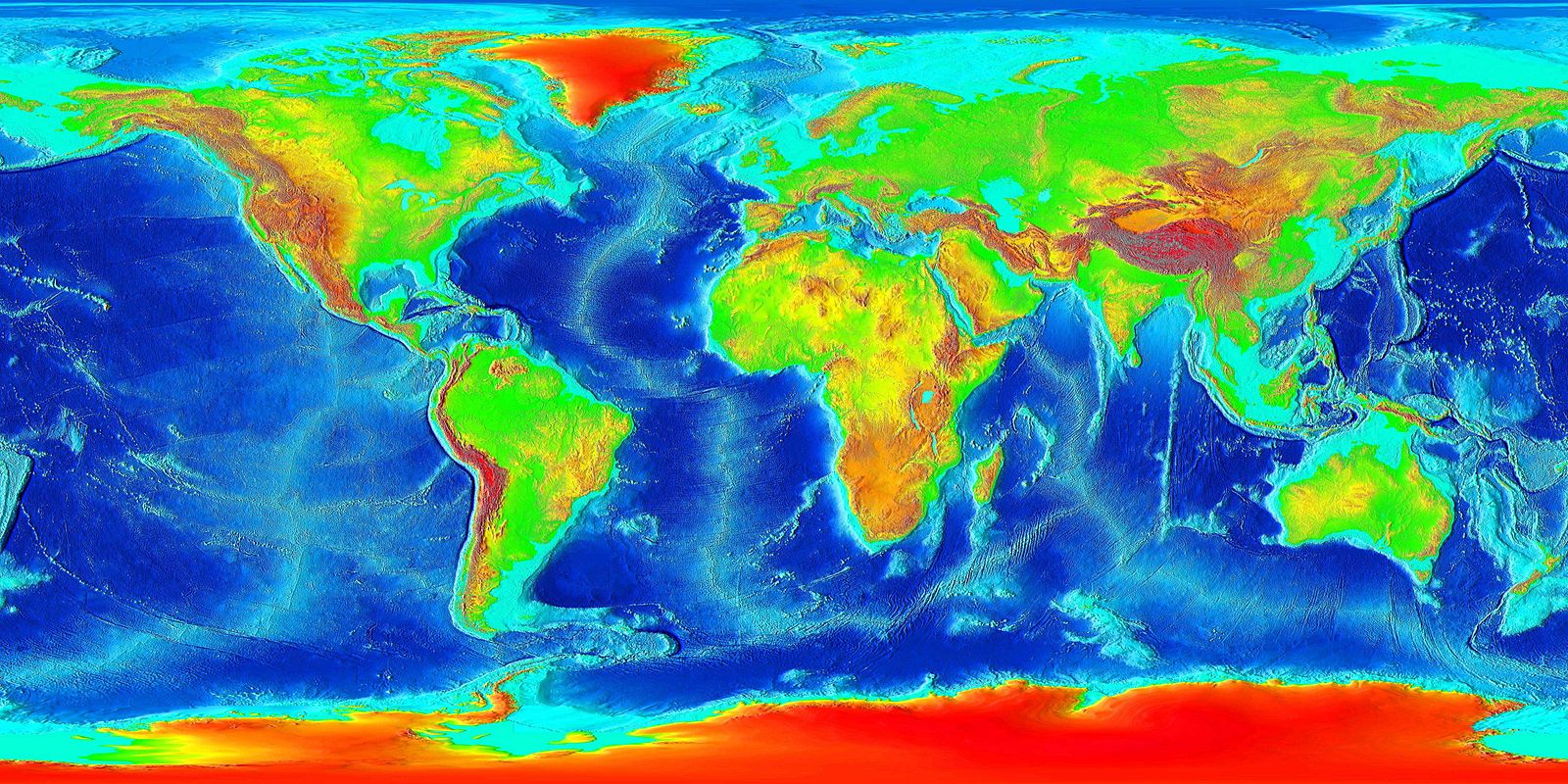 World map color-coded by elevation. The ocean basins are dark blue except for the mid-ocean ridges and ocean margins which are light blue. The continents are <a href=