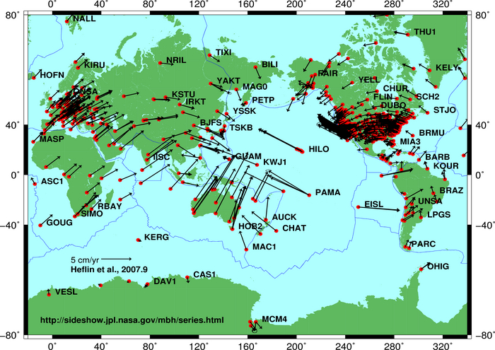 World map that has many red dots in various places around the world. Each dot is connected to a black arrow of variable length that represents the plate motion measured at the dot in centimeters per year.