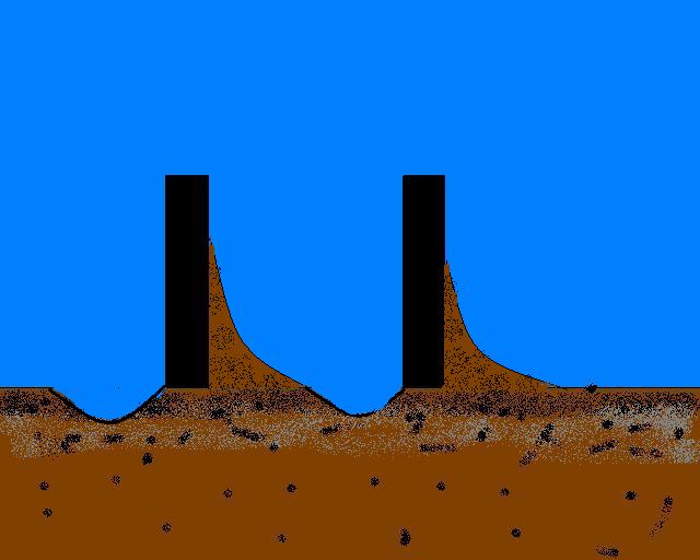 Schematic top-down view of two parallel groins extending perpendicular outward from the shoreline. Sand is built up on beach on the right side of each groin and sand is eroded away from the beach on the left side of each groin.