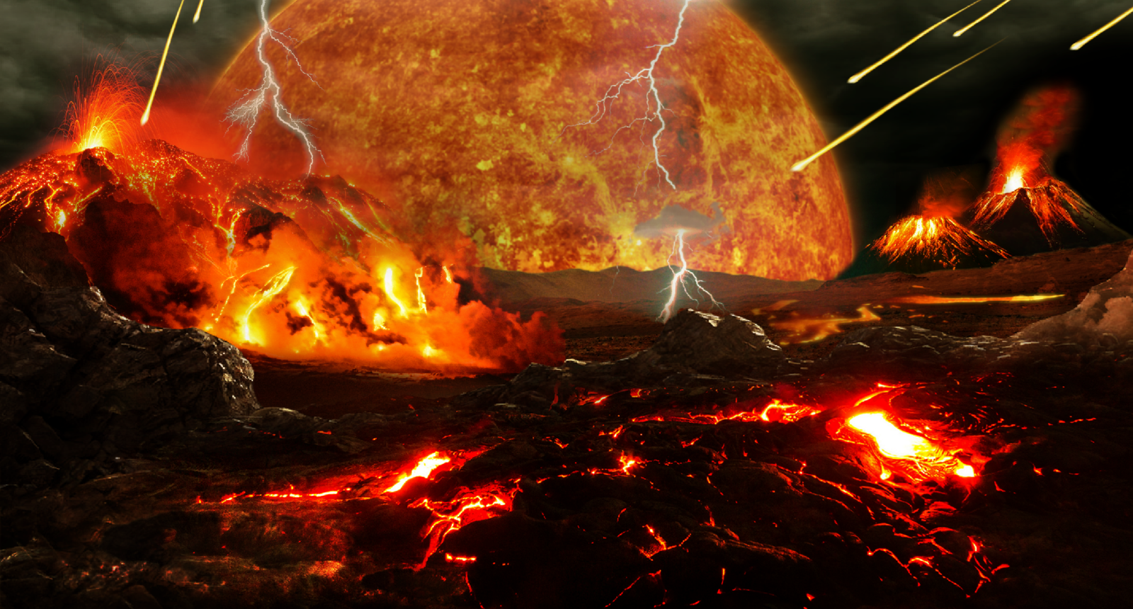 Dark sky, fire and lighting everywhere. Volcanoes on the surface. Large sun in the background.