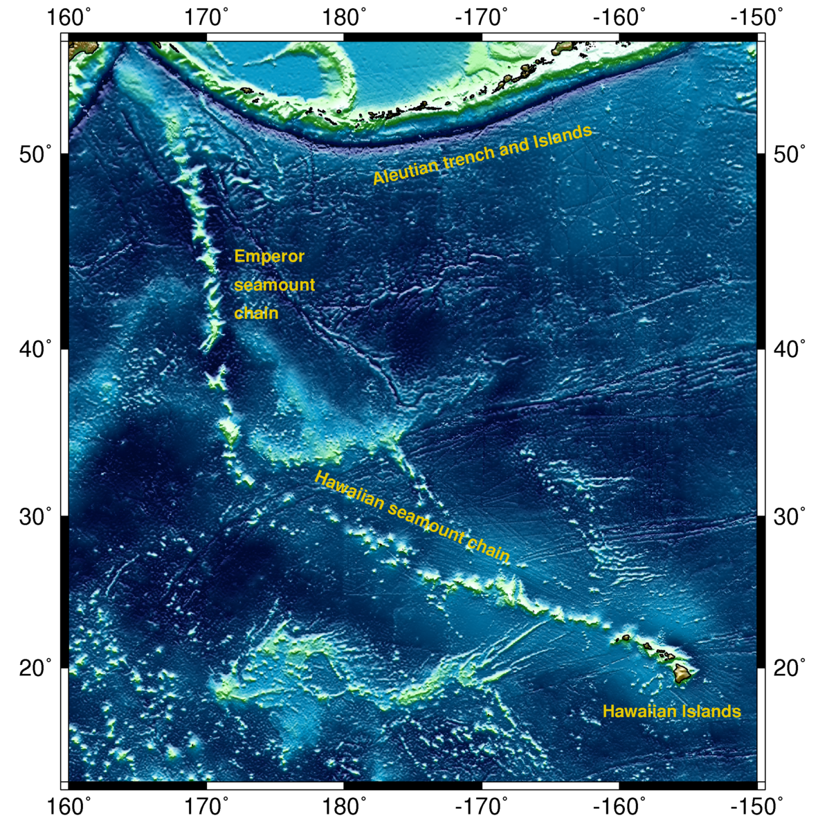 Map of the Hawaii-Emperor seamount chain and seafloor topography. The Aleutian trench and islands run approximately east-to-west along the top of the map, the Emperor seamount chain runs approximately north-to-south near the left-hand side of the map, and the Hawaiian seamount chain runs approximately west-northwest-to-east-southeast near the bottom of the map.