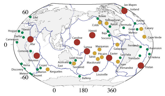 World map showing locations of hot spots with various sizes according to how active they are. The largest circles are located in the following places on the map: there are five large circles in the Pacific Ocean including Hawaii, there are two large circles in the Atlantic Ocean including Iceland, and there are two large circles in/near the Indian Ocean including the Afar Triangle. Smaller dots are scattered throughout the world ocean basins with some on continental interiors such as Yellowstone.