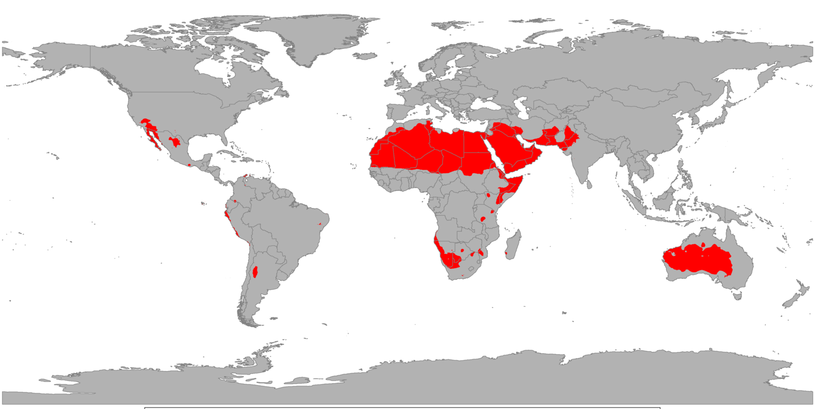 World map showing the location of hot deserts in red: the hot deserts are located near 30 north or south latitude; hot deserts are seen in southwest North America, western South America, Saharan Africa and southern Africa, the Middle East and southern Asia, and central-western Australia.