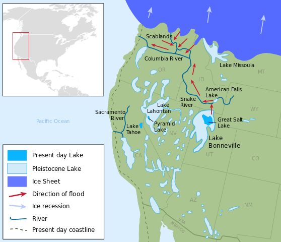 Map of the western United States showing present day lakes, Pleistocene lakes, and the Pleistocene ice sheet; Lake Bonneville is a Pleistocene lake in northwestern Utah and arrows show that it floods toward the northwest, along the Snake River, until it reaches the Scablands of eastern Washington; the modern Great Salt Lake is in the northern part of Lake Bonneville and is much smaller than Lake Bonneville. The ice sheet is located in Canada and the northern United States; it also floods toward the Scablands. Other smaller Pleistocene lakes are scattered across the western U.S.
