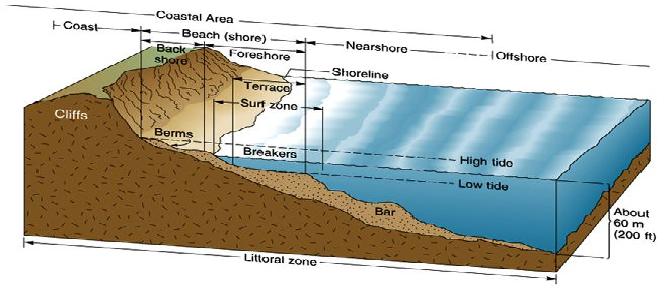 Block diagram of shoreline zones: on land is the Coast; there is gently sloping sand coming from the bases of cliffs along the coast; this includes the labels Beach, Backshore, and Berms; in the shallowest part of the ocean water are the labels Foreshore, Terrace, Surf zone, and Breakers. A line labeled Shoreline points to the contact between the edge of the ocean water and the beach. In deeper water is the label Nearshore and then in the deepest water is the label Offshore. The high tide and low tide line are drawn on the diagram as well, and there is a deposit on the continental slope labeled Bar. Across the entire diagram is the label Littoral zone. The deepest part of the water is about 60 m.