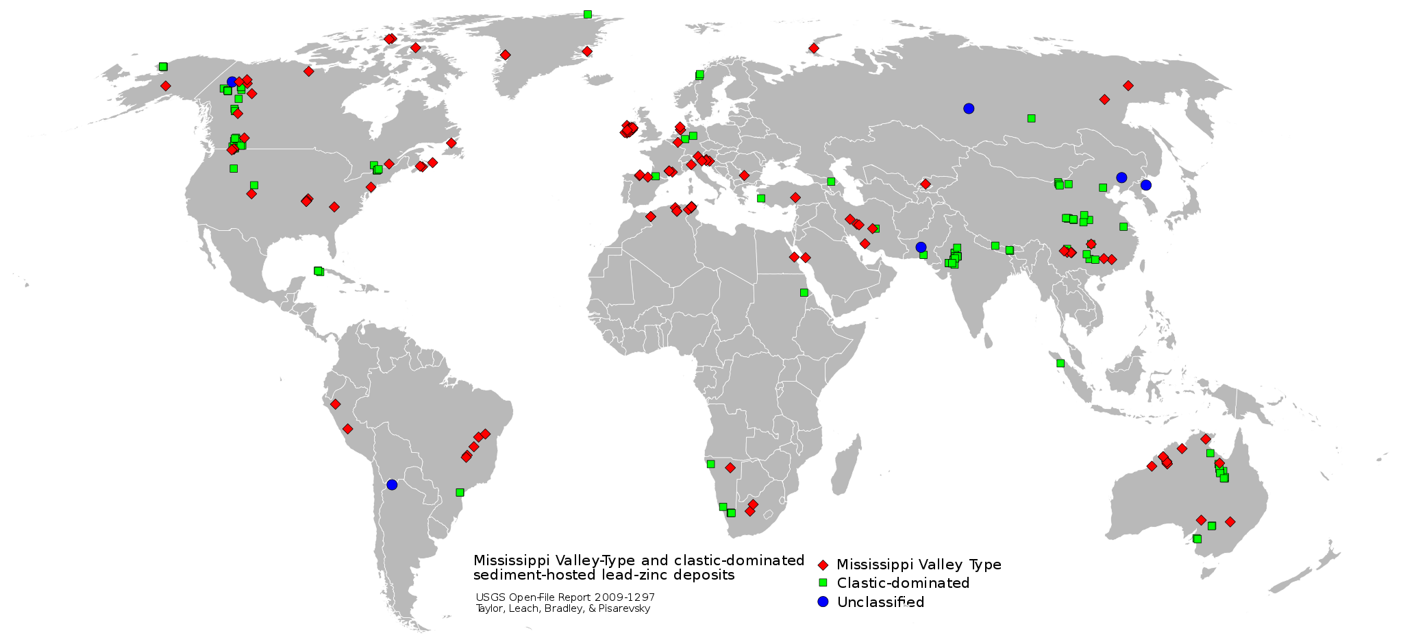 World map showing location of Mississippi Valley-Type and clastic-dominated sediment-hosted lead-zinc deposits. Mississippi Valley-Type locations are marked by red diamonds and are scattered across western Canada, the United States, eastern and western Greenland, western and eastern South America, Europe, southern and northeastern Africa, southern and eastern Asia, and Australia. Clastic-dominated deposits are marked by green squares and are located in western Canada, the United States, northern Greenland, the Caribbean, eastern South America, southwestern Africa, Europe, southern and eastern Asia, and Australia.