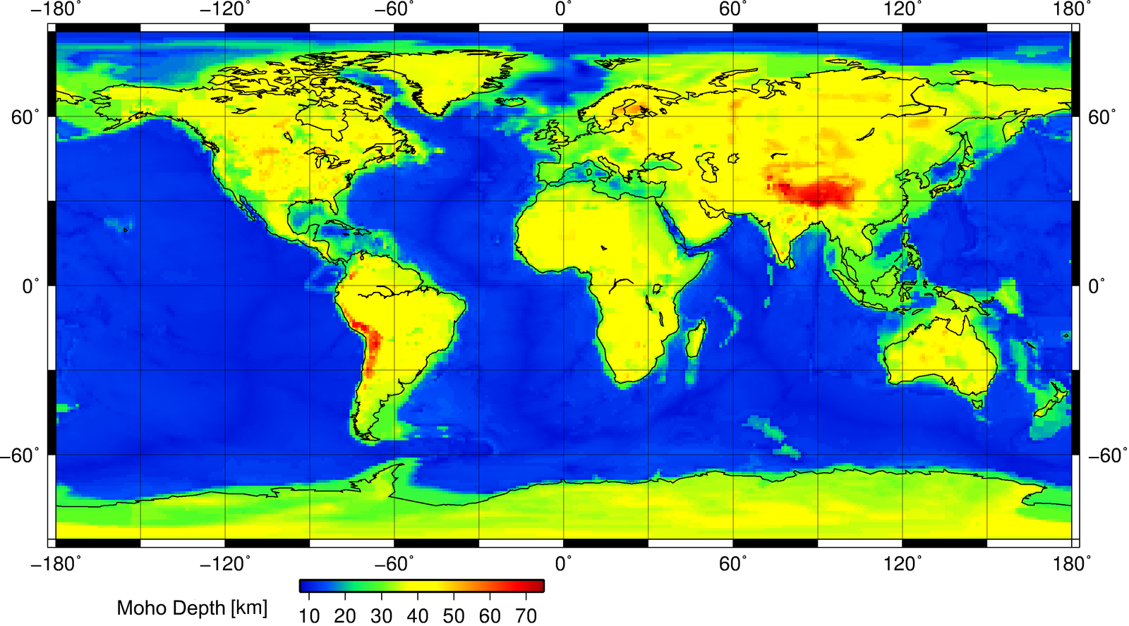 World map with the Moho depth color coded on the map: red is the deepest while blue is the shallowest. The Moho is deepest under central Asia and western South America, and the Moho is shallowest under the world ocean basins.