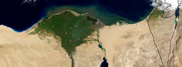 The Nile Delta is a triangular patch of green in an otherwise sandy brown area.
