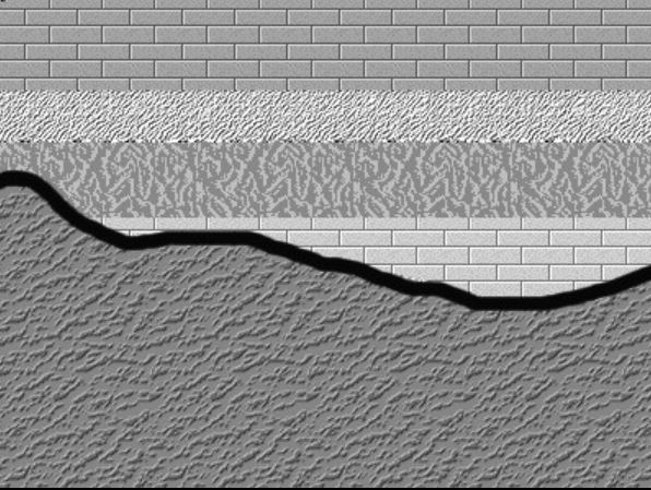 Grayscale cross sectional view of four flat-lying sedimentary layers sitting on top of crystalline rocks; along the contact of the sedimentary layers and crystalline rock is a thick, curved line representing a gap in time.