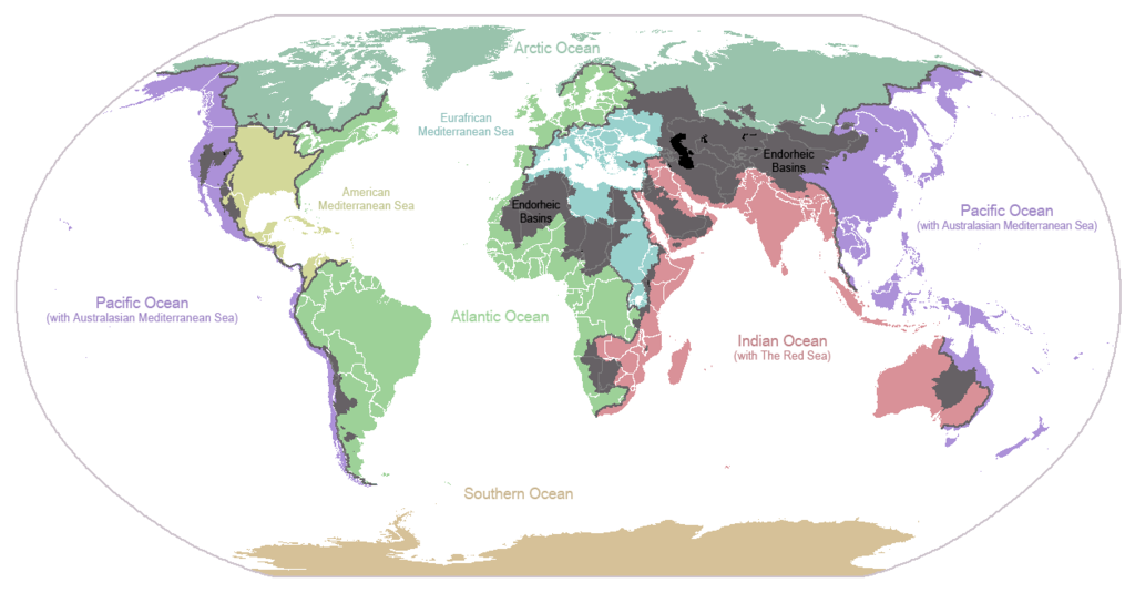 World map with major drainage basins color-coded according to which ocean they lead to; the drainage basins leading to the Pacific Ocean are colored purple and cover western North America, a sliver along western South America, eastern and southeastern Asia, and northeastern and eastern Australia; the drainage basins leading to the Atlantic Ocean are colored green and cover eastern North America, central and eastern South America, western Europe, and western Africa; the drainage basins leading to the American Mediterranean Sea are colored olive green and cover central and southern North America and a tiny northern part of South America; the drainage basins leading to the Arctic Ocean are colored teal and cover northern North America, northern Europe, and northern Asia; the drainage basins leading to the Indian Ocean are colored pink and cover eastern Africa, southern Asia, and central and western Australia; the drainage basins leading to the Eurafrican Mediterranean Sea are colored blue and cover southern Europe and northern and central Africa; the drainage basins leading to the Southern Ocean are colored tan and covers all of Antarctica; and endorheic basins are colored gray and they are located in western and southern North America, southern South America, northern and central Africa, southern Africa, southern Asia, and central Australia.