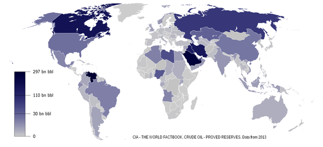 World map showing oil reserves by nation in various shades of blue: darker blue nations richest in oil include Canada, Venezuela, and Saudi Arabia. Oil reserves vary geographically.