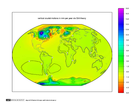 World map, color coded by vertical crustal motions in mm per year. The highest rebound rate is 18.0 mm per year and high motions are indicated the blue-to-purple zones (top end of the scale). The lowest rebound rate is negative 6.0 mm per year, indicating isostatic lowering; these are orange-to-red zones (bottom end of the scale). Most glacial isostatic rebound is occurring where continental ice sheets rapidly melted about 19,000 years ago, such as in Canada, Scandinavia, and western Antarctica, and most isostatic lowering is occurring in the northern Atlantic Ocean and Arctic Ocean, with small spots of lowering off the coast of western Antarctica.