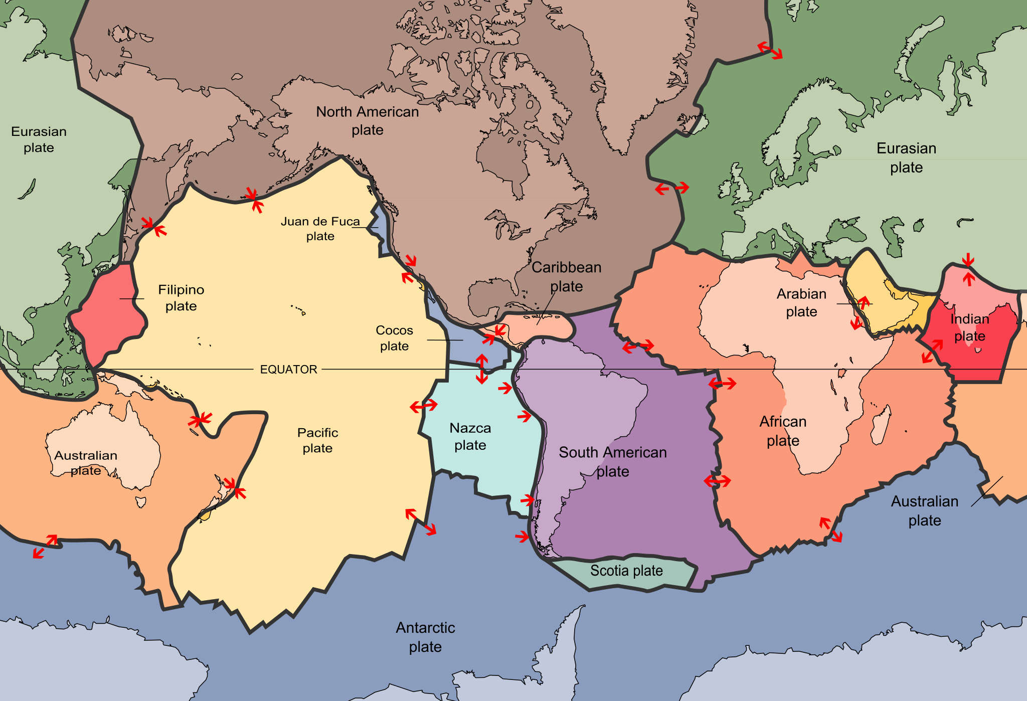World map with the largest tectonic plates outlined and filled in with a different color for each plate: the Eurasian Plate is colored green, the North American Plate is gray, the Australian Plate is orange, the Filipino Plate is red, the Pacific Plate is yellow, the Juan de Fuca and Cocos Plates are blueish purple, the Nazca Plate is light blue, the Antarctic Plate is dark blue, the Scotia Plate is medium blue, the Caribbean plate is pinkish orange, the South American Plate is purple, the African Plate is dark orange, the Arabian Plate is yellow, and the Indian Plate is dark red.