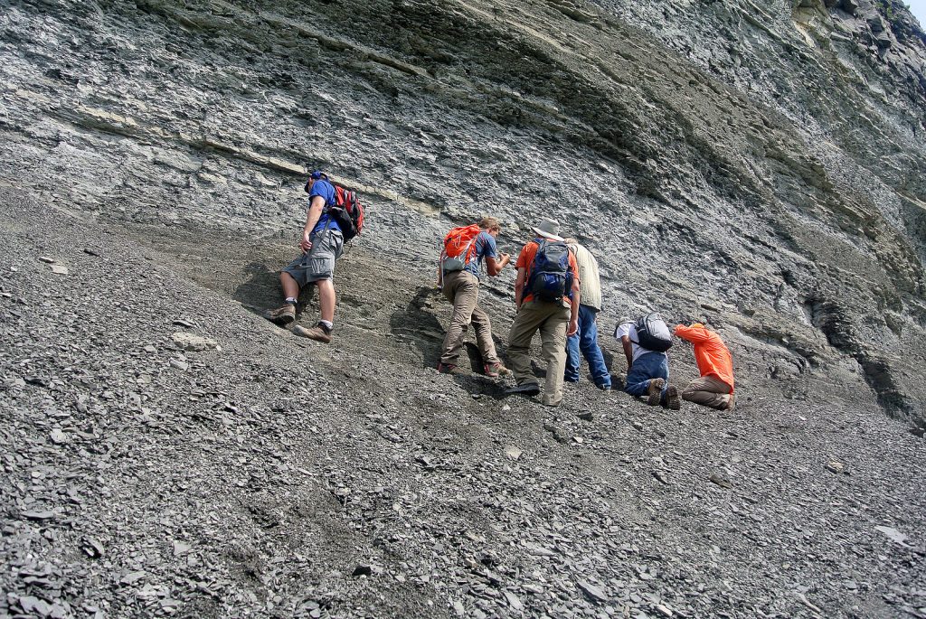 Outcrop of gray rocks with a slope of broken rocks leading up to a vertical cliff of very thinly layered rocks; a group of six people stand at the top of the slope inspecting the rocks at the base of the cliff.