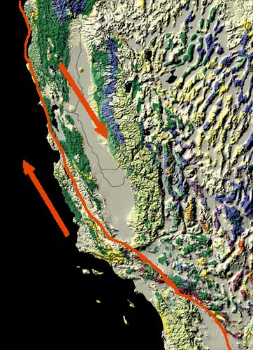 Map of western North America annotated with the location of the main San Andreas fault which runs from northwest of the Canadian coast, through western California, and southeast through Mexico. There are arrows on either side of the fault line showing relative movement: on the east side of the fault, movement is toward the lower right and on the west side of the fault, movement is toward the upper left.