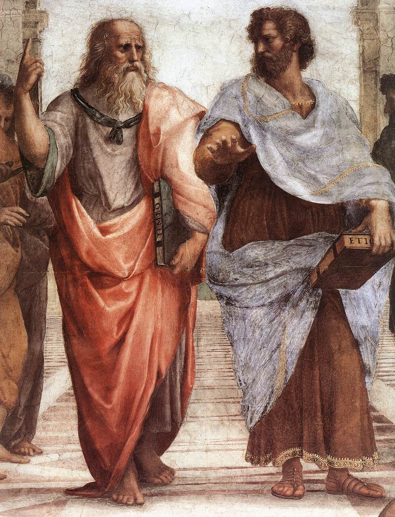 Mural painting of Plato and Aristotle walking together while dressed in Greek robes.