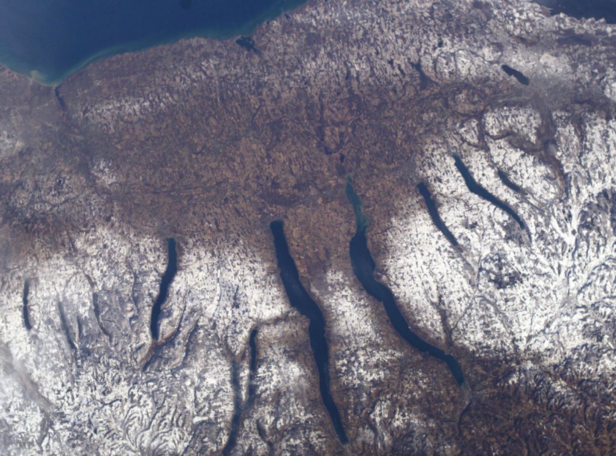 Satellite view of a series of long, finger-shaped lakes next to each other over a large area.