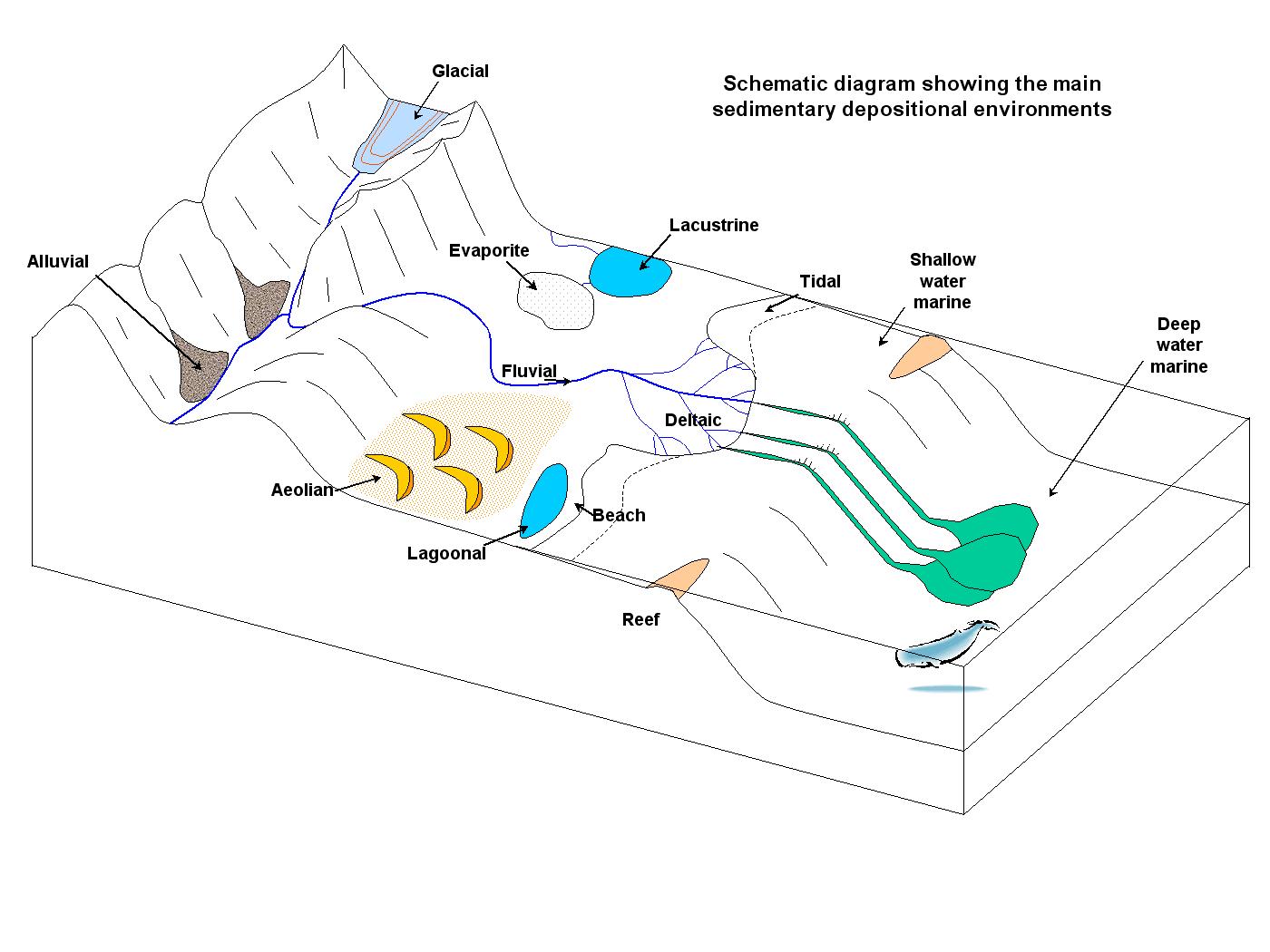 Block diagram of various depositional environments; there is a mountain range with two environments labeled Alluvial and Glacial; at the base of the mountains is flat land with four environments labeled Aeolian, Fluvial, Evaporite, and Lacustrine; the flat land ends at the shoreline which has four environments labeled Lagoonal, Beach, Deltaic, and Tidal; from the shoreline into the ocean there's a continental shelf, the top of which has two environments labeled Reef and Shallow water marine; and at the base of the continental shelf is a deep ocean basin with one environment labeled Deep water marine.