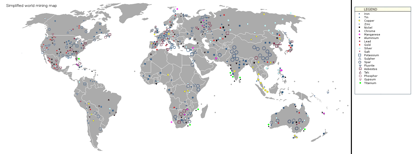 The map shows many different materials that are mined across the world.