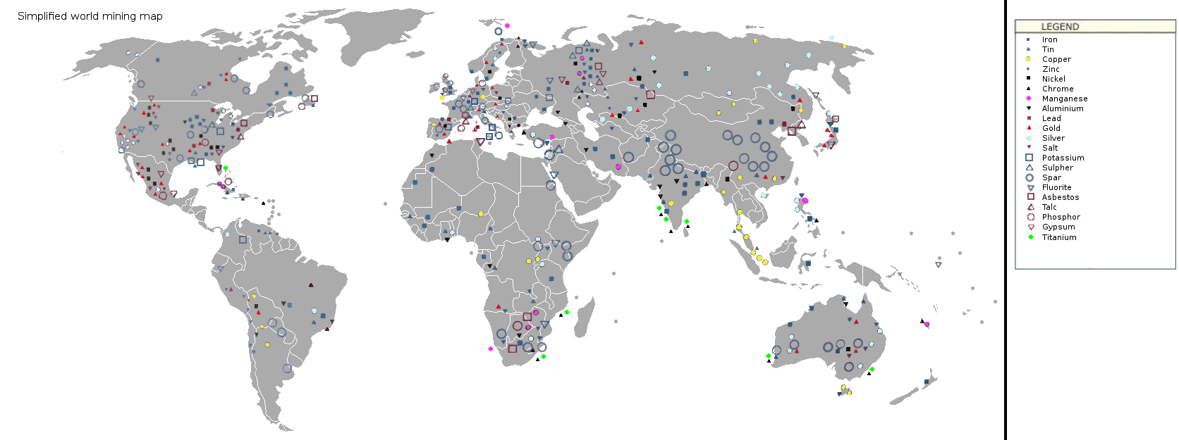 A world map showing the locations of certain ores in the world. A specific focus has been put on metals and construction materials. The various resources are unevenly distributed across the globe.