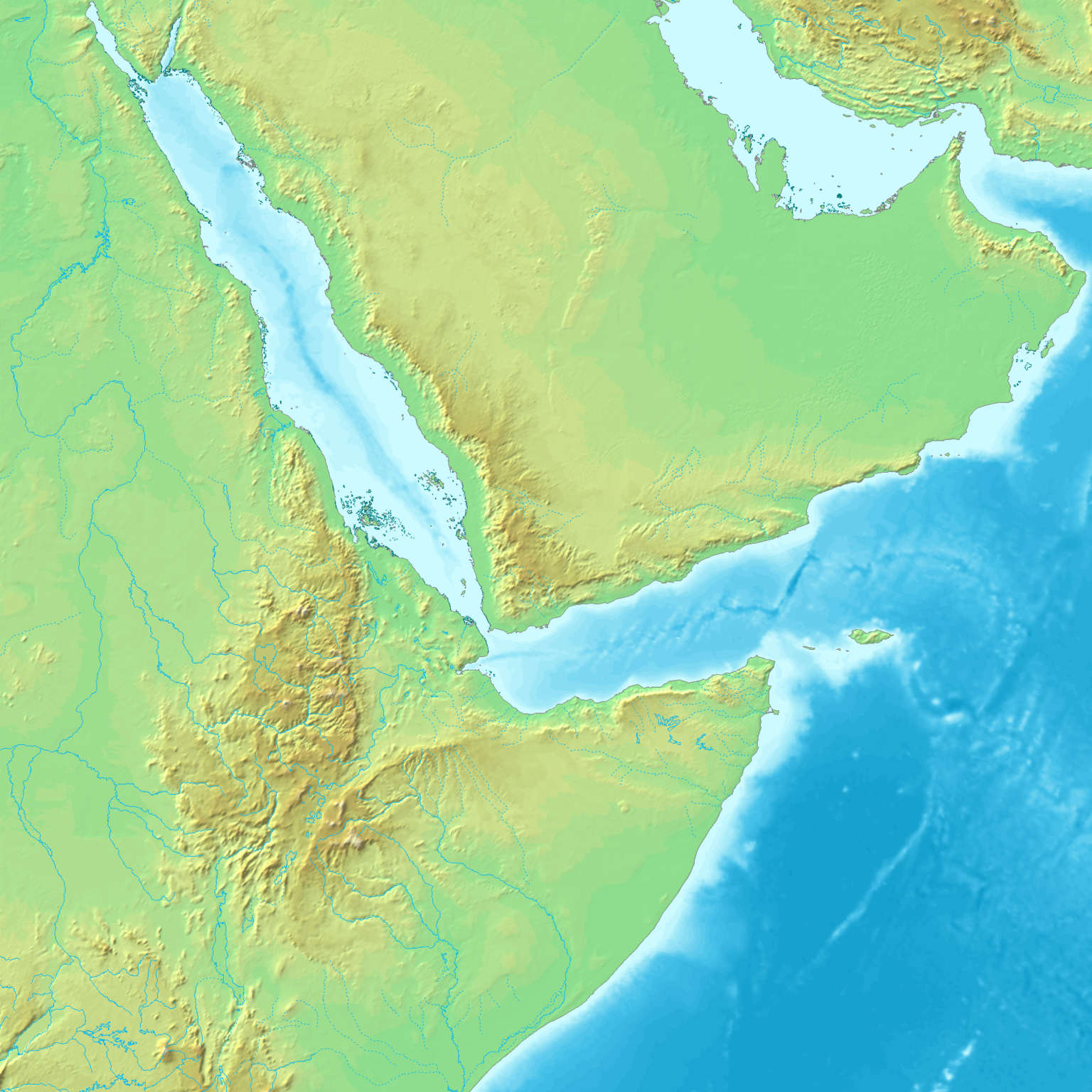Topographic map showing the Afar Triangle, a low area bordering on the Red Sea. It is part of the Great Rift Valley in East Africa. The area overlaps the borders of Eritrea, Djibouti and the entire Afar region of Ethiopia. The connecting three arms form a triple junction. The northernmost branching arm extends north through the Red Sea and into the Dead Sea, while the eastern arm extends through the Gulf of Aden and connects to the Mid-Indian Ocean ridge further to the east. Both of these rifting arms are below sea level and are similar to a mid-ocean ridge. The third rifting arm runs south through the countries of Kenya, Uganda, the Democratic Republic of Congo, Rwanda, Burundi, Tanzania, Zambia, Malawi and Mozambique.