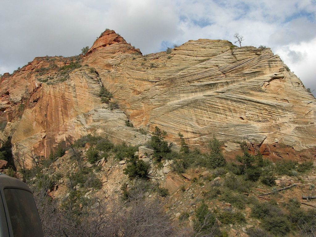 Tall cliff with a large variety of angles of tan to brown beds visible along the cliff face.