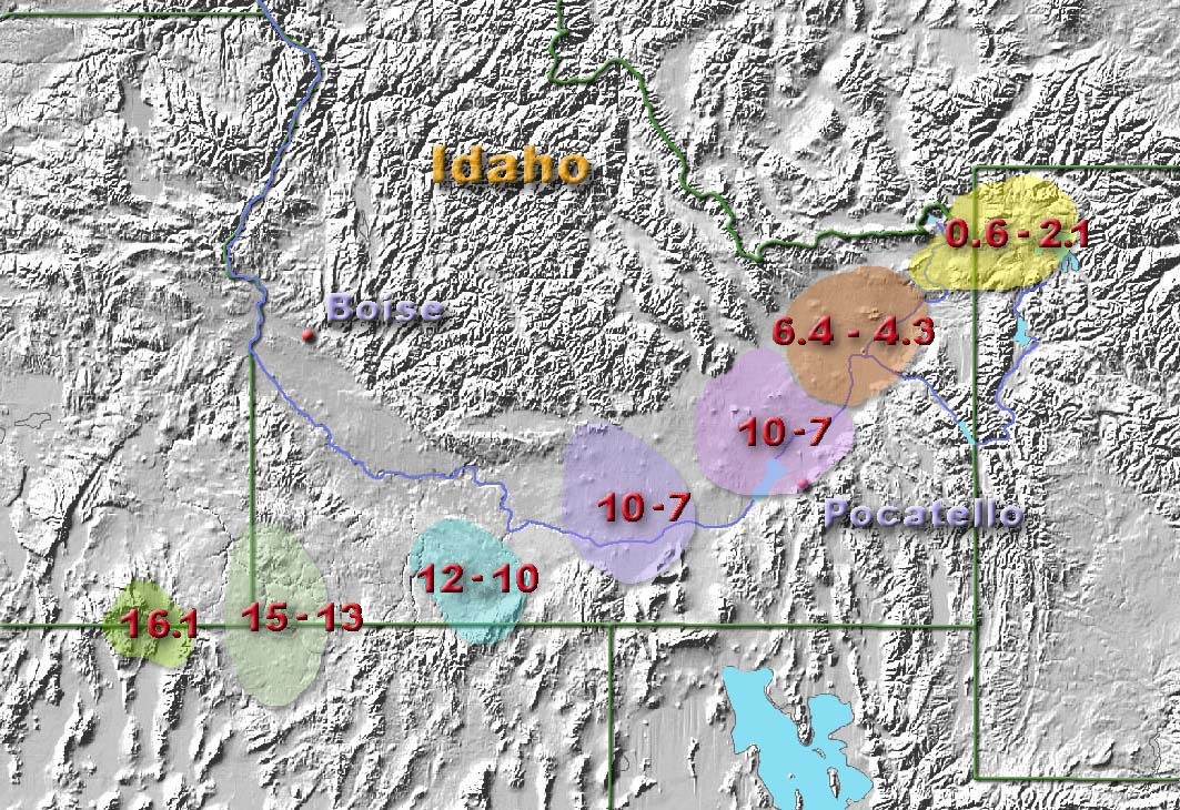 Shaded relief map centered on Idaho, with small portions of the surrounding states shown too. The track of a hot spot is annotated on the map and color-coded at each past location. The hotspot started near the Idaho-Oregon-Nevada border with the label 16.1 which indicates it was there 16.1 million years ago, then moved relatively east-northeastward toward its present location near the Wyoming-Idaho-Montana border which is labeled 0.6-2.1 which indicates it has been there 2.1 to 0.6 million years ago. Note that the North American plate was moving over the hot spot, not that the hot spot was moving under North America.