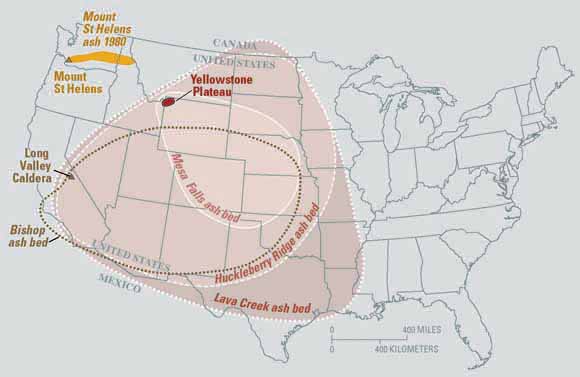 Map of the United States with state borders outlined. Prominent ash beds are outlined and color-coded, including three Yellowstone eruptions shaded pink. One of the pink outlines is labeled Mesa Falls ash bed and encircles most of the states of Wyoming, Colorado, Kansas, and Nebraska, and partially encircles the states Montana, South Dakota, Oklahoma, and Texas. Another pink outline is labeled Huckleberry Ridge ash bed and encircles the a large western portion of the United States. The third pink outline is labeled Lava Creek ash bed and encircles most of the western half of the United States. There is also a brown dashed outline labeled 