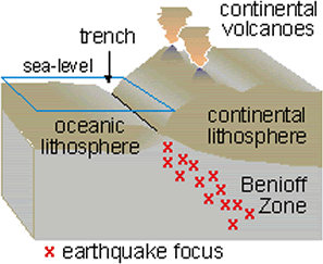 Cross section of an oceanic tectonic plate colliding with a continental tectonic plate. There's a diagonal zone of red X's that descend from the trench at the surface, labeled "Benioff Zone." Each X represents an earthquake focus.
