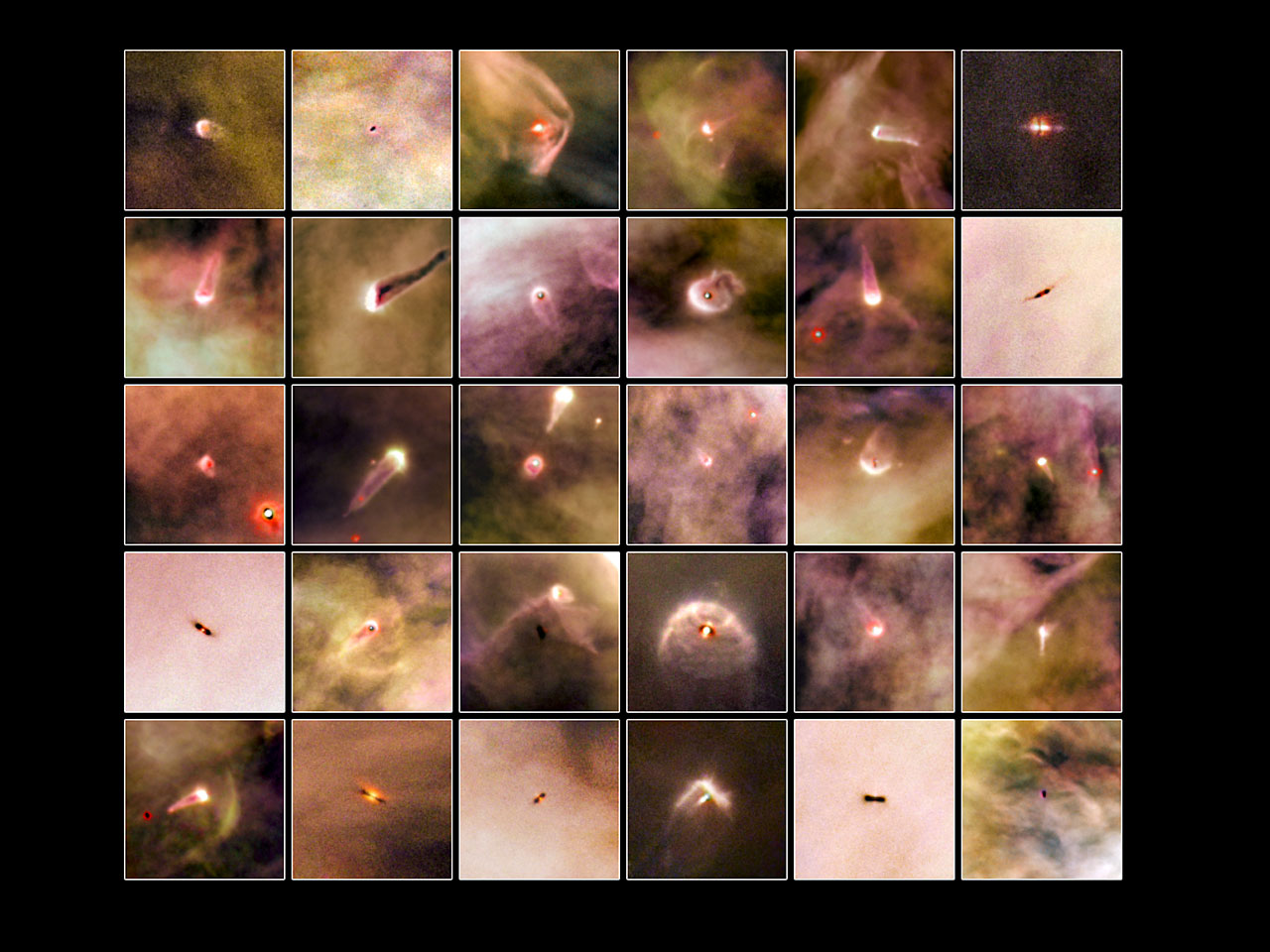 A Photographic Atlas of Planetary Nurseries in the Orion Nebula. These Hubble Space Telescope images show embedded circumstellar disks orbiting very young stars. Each is seen from a different angle. Some are energized to glow brightly by the light of a nearby star, while others are dark and seen in silhouette against the bright glowing gas of the Orion nebula.