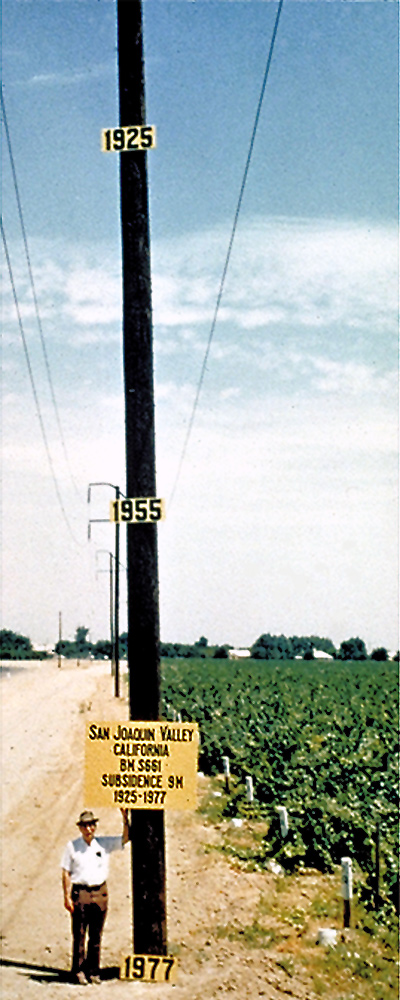 Man standing next to pole with signs showing approximate altitude of land surface in 1925 (highest sign on pole), 1955 (middle sign on pole), and 1977 (at ground level).