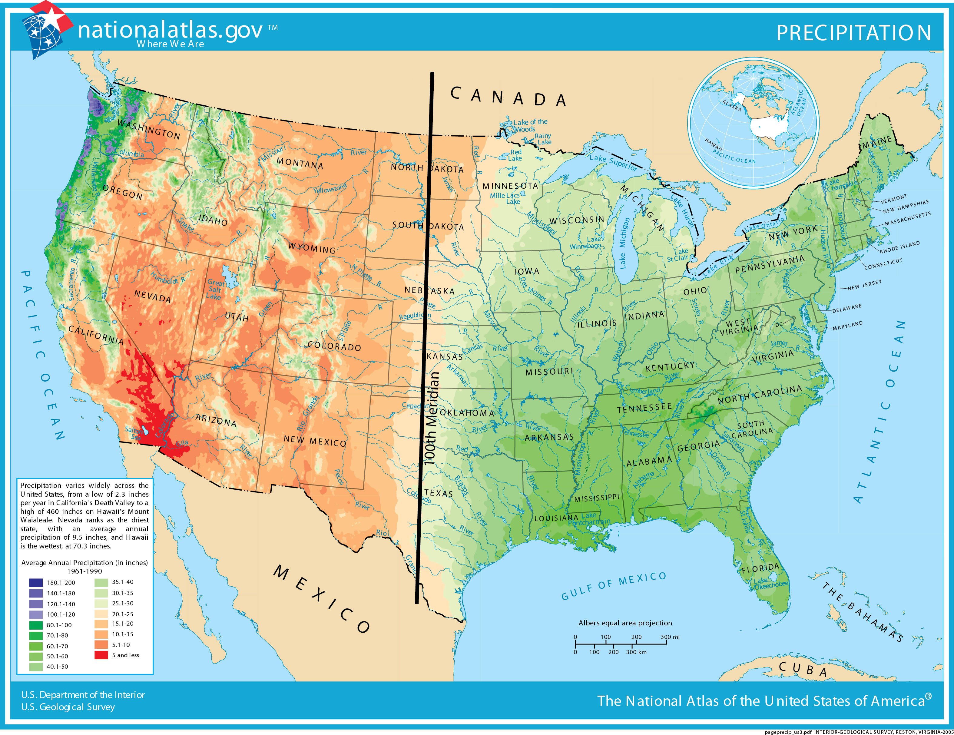 Map of the United States showing distribution of precipitation in the United States. The western half of the United States is much drier than the eastern half of the United States with the exception of the Pacific northwest which has abundant precipitation.