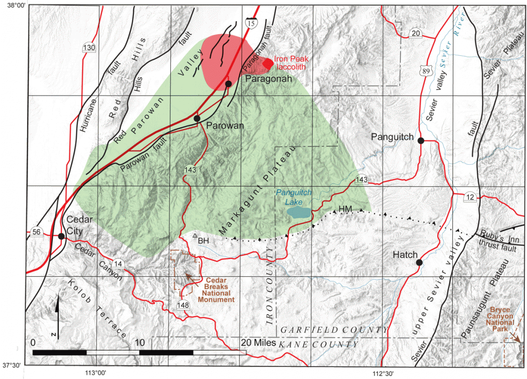 Index map centered on the Markagunt Plateau, showing extent of Markagunt Megabreccia in green which covers most of the plateau; the Iron Peak laccolith is a small red circular feature at the north end of the Markagunt Megabreccia.