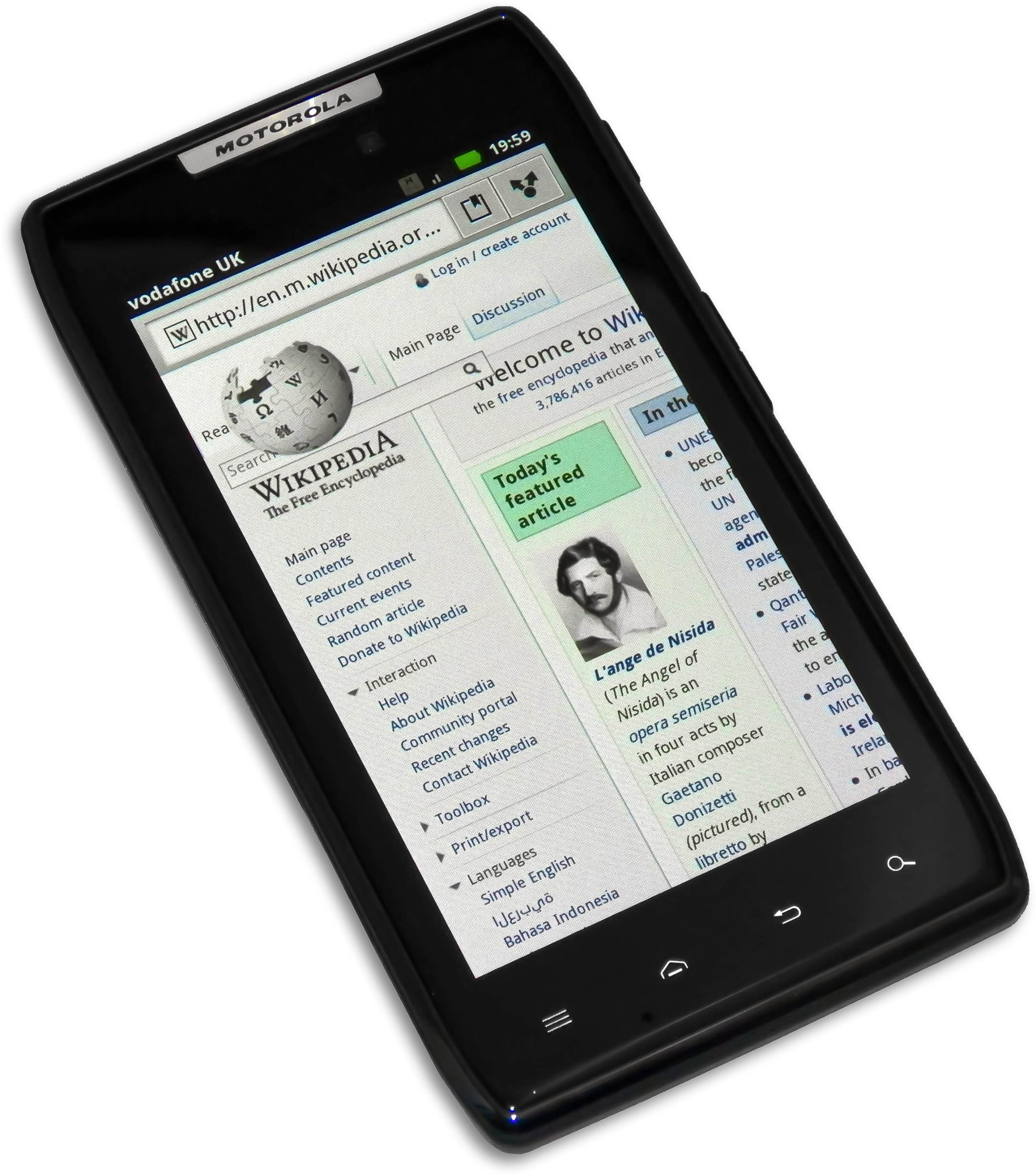 A cell phone, the Droid RAZR, sits on a white background, with the screen displaying a webpage.
